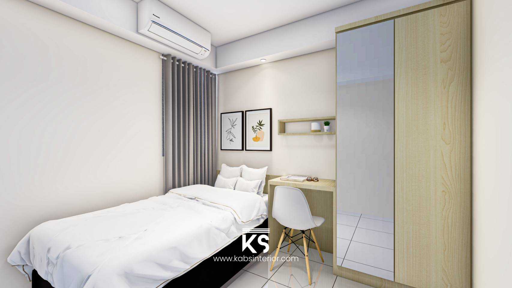 Desain kamar tidur minimalis dengan tempat tidur, meja kerja, dan lemari geser untuk keluarga muda oleh Kabs Interior